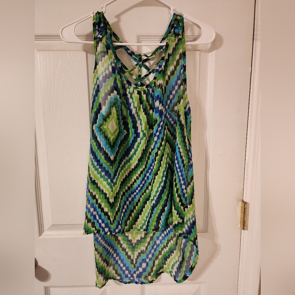 Vibrant Green and Blue Sheer Top.